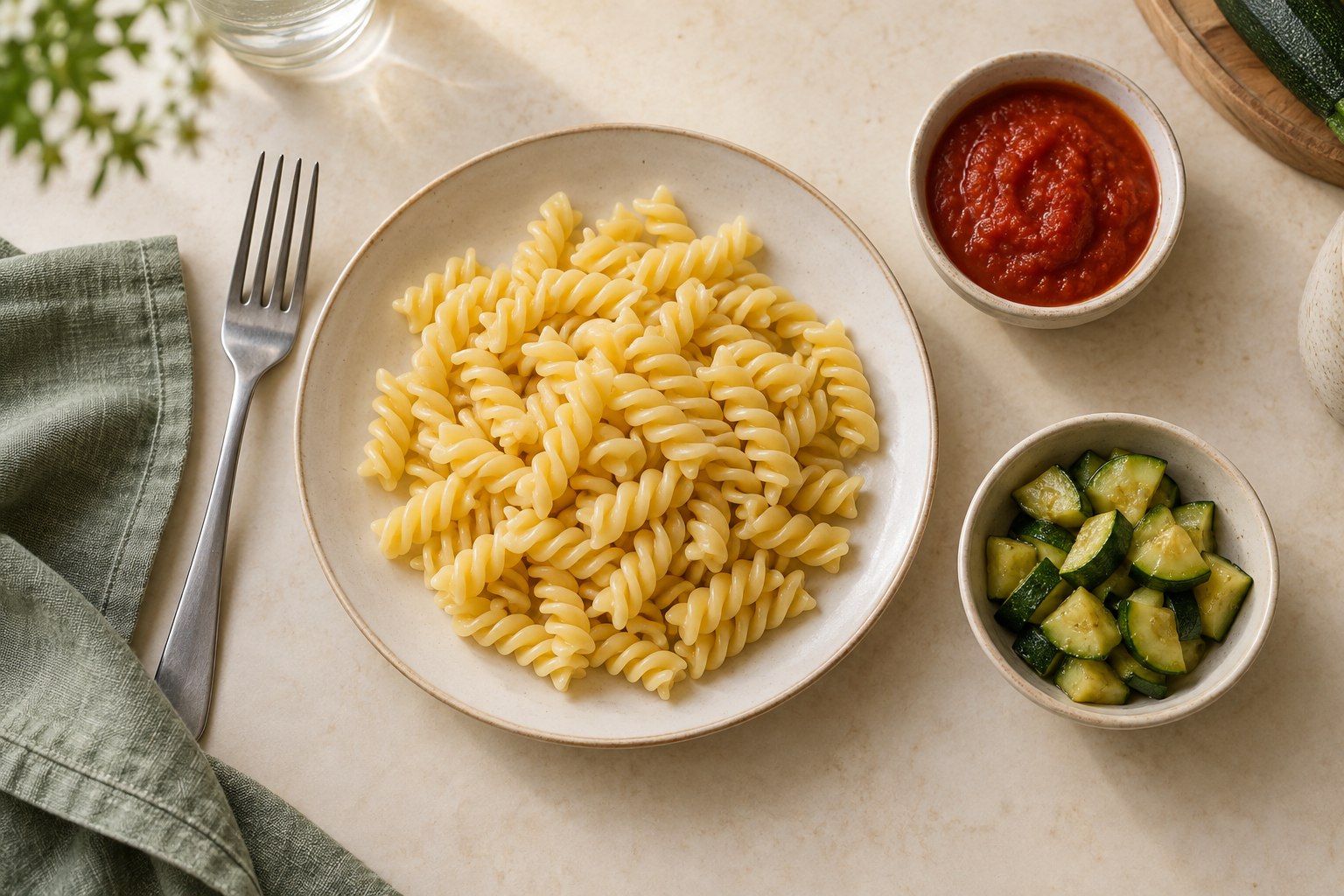 Paste fusilli pe o farfurie, cu sos de roșii și dovlecel gătit în boluri separate.